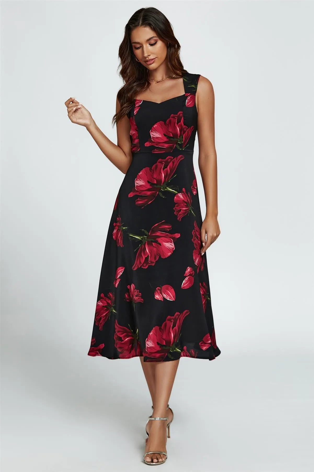 Floral Print Heart Neck Midi Dress In Black by FS Collection sold by Goddiva product image thumbnail 3