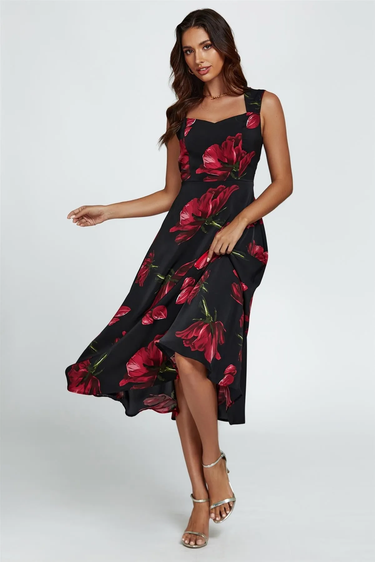 Floral Print Heart Neck Midi Dress In Black by FS Collection sold by Goddiva product image thumbnail 4