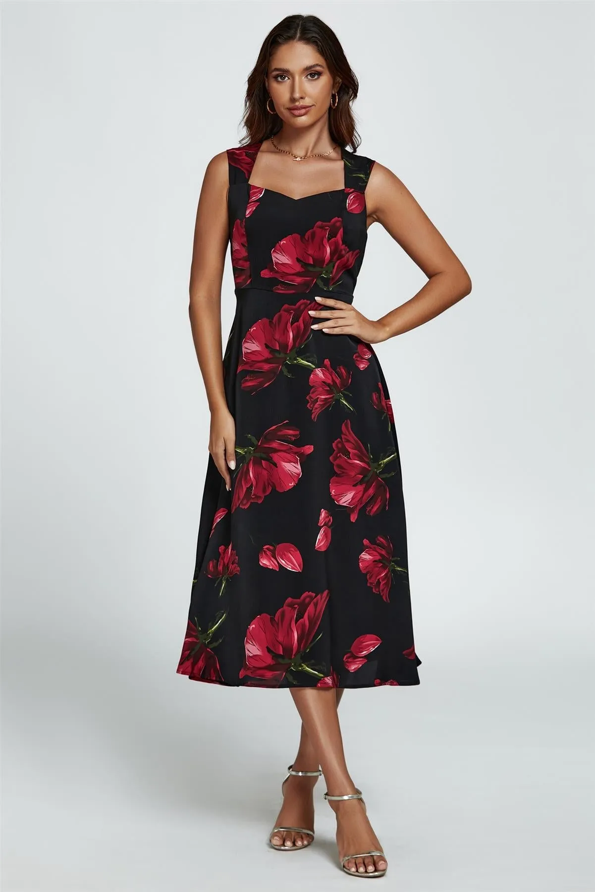 Floral Print Heart Neck Midi Dress In Black by FS Collection sold by Goddiva
