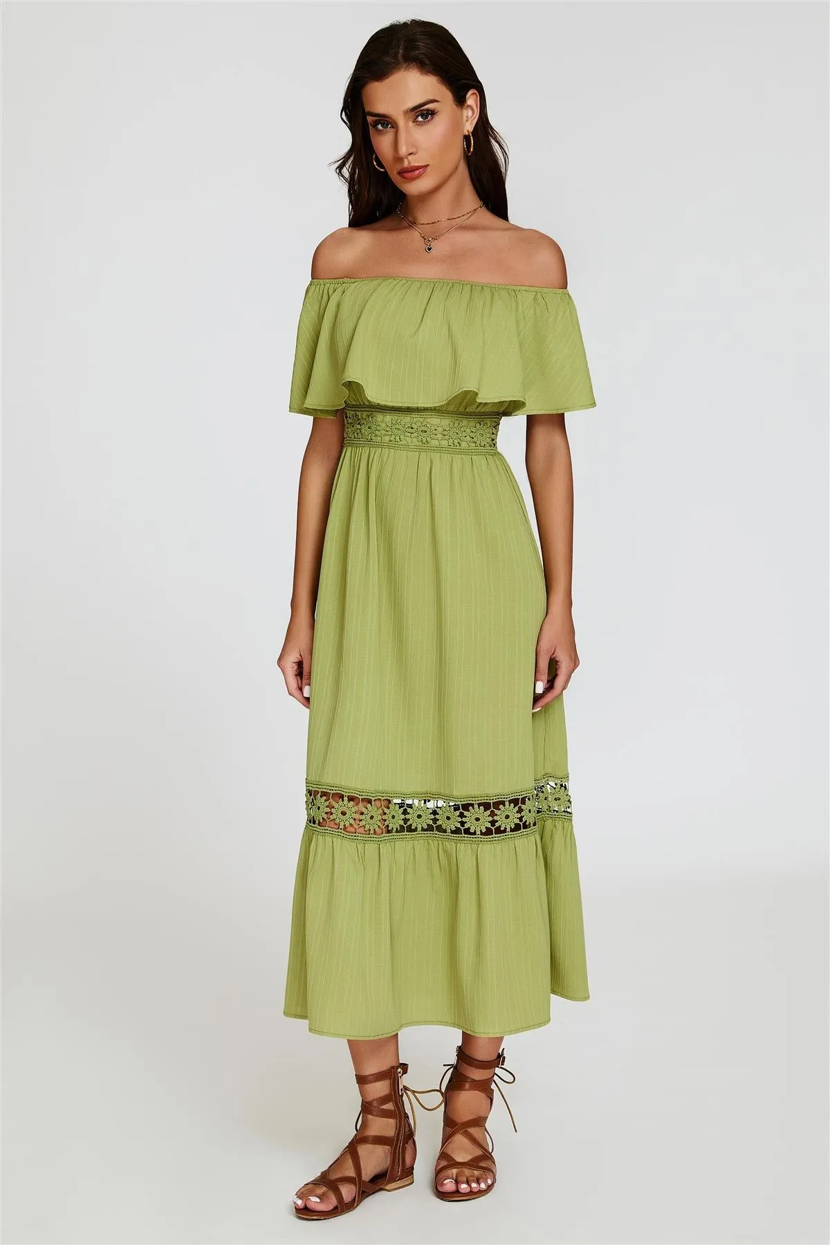 Lace Detail Bardot Maxi Dress In Green by FS Collection sold by Goddiva product image thumbnail 2