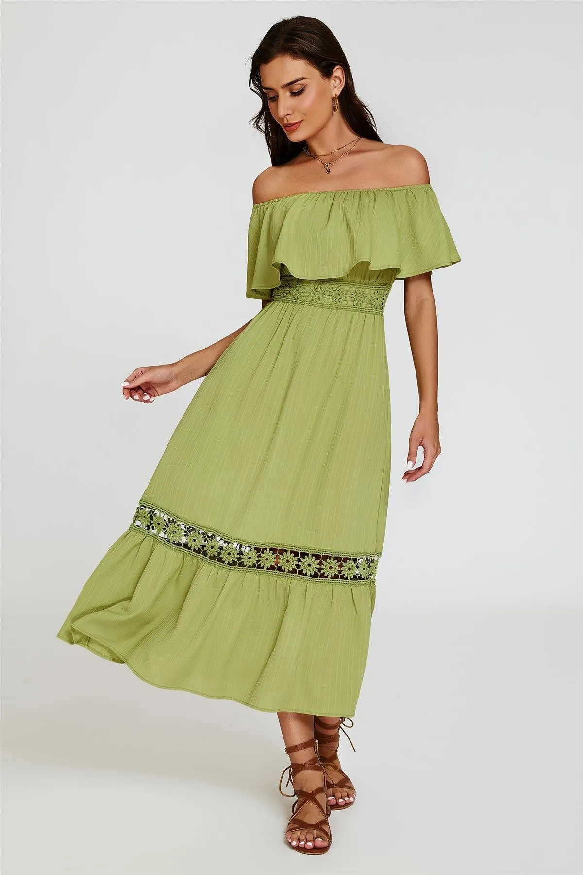 Lace Detail Bardot Maxi Dress In Green by FS Collection sold by Goddiva