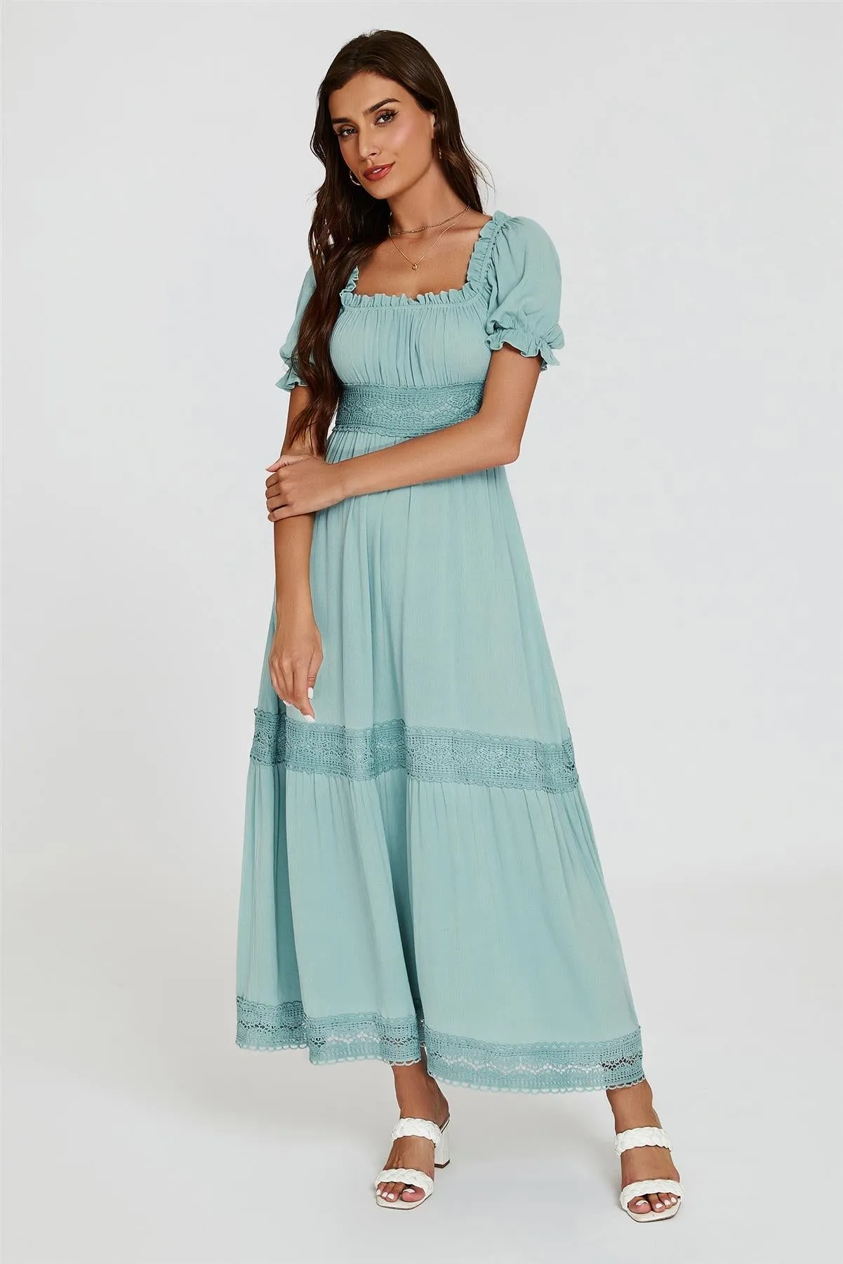 Lace Detail Bardot Maxi Dress In Blue by FS Collection sold by Goddiva product image thumbnail 3