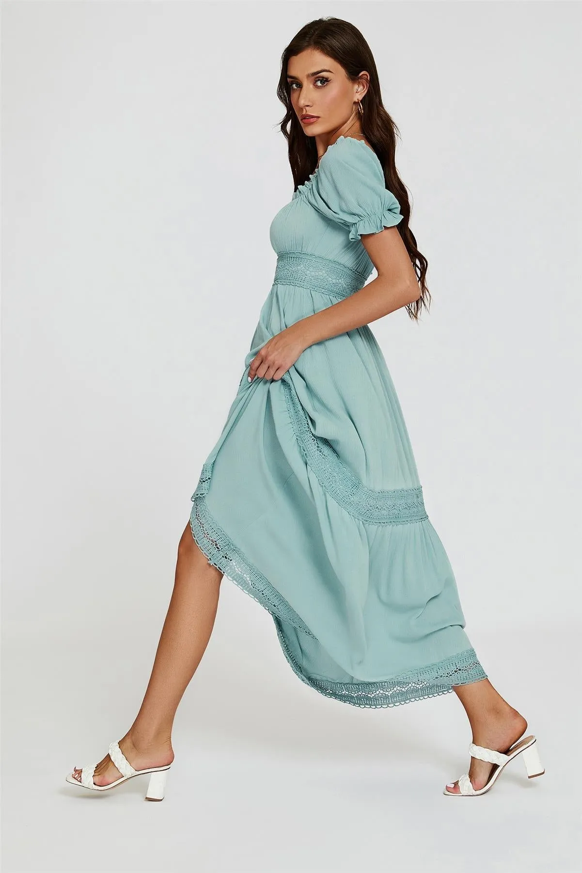 Lace Detail Bardot Maxi Dress In Blue by FS Collection sold by Goddiva product image thumbnail 4