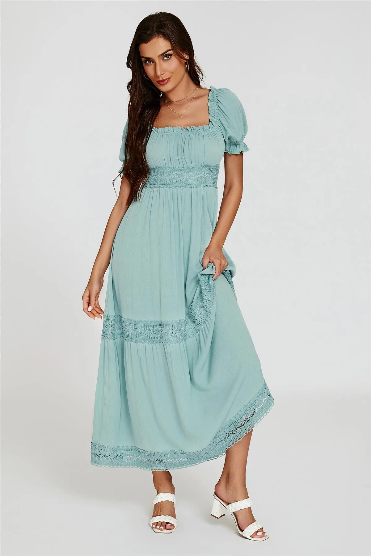 Lace Detail Bardot Maxi Dress In Blue by FS Collection sold by Goddiva