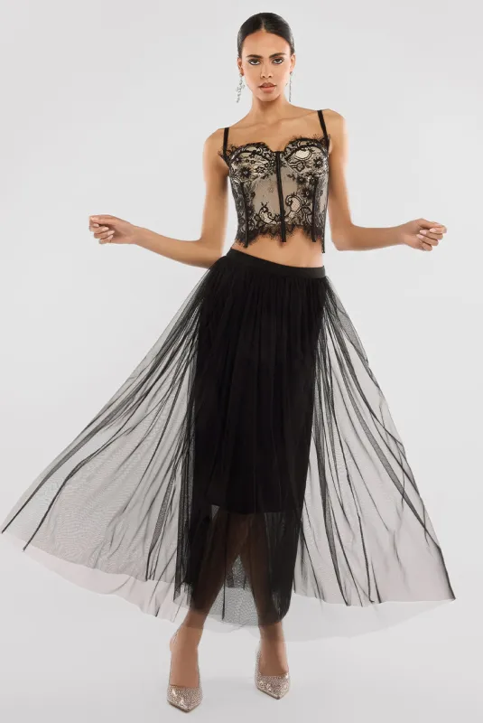 Cropped Lace Corset Tulle Gathered Midaxi Skirt With Embroidered Stretch Mesh Gloves & Jersey Scarf - Black by Goddiva sold by Goddiva