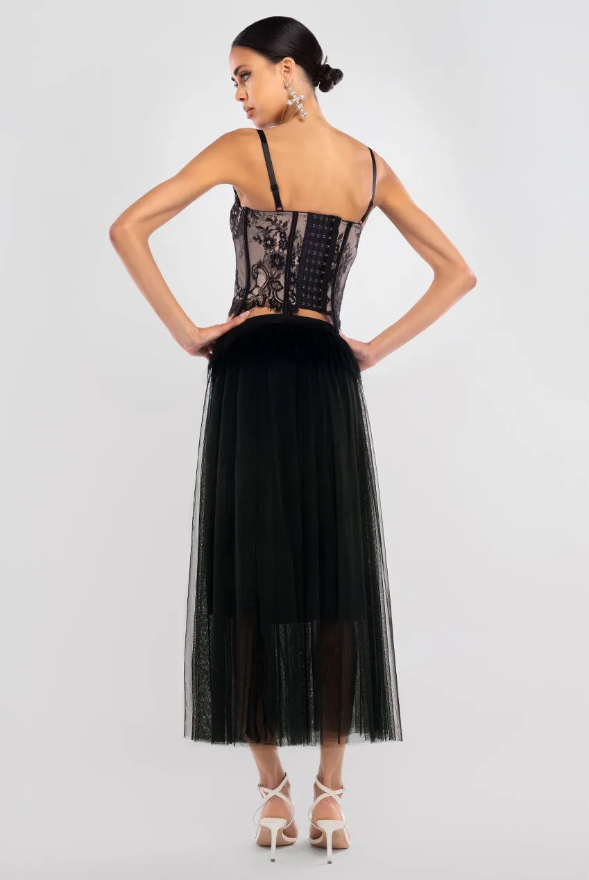 Cropped Lace Corset Tulle Gathered Midaxi Skirt With Embroidered Stretch Mesh Gloves & Jersey Scarf - Black by Goddiva sold by Goddiva product image thumbnail 3