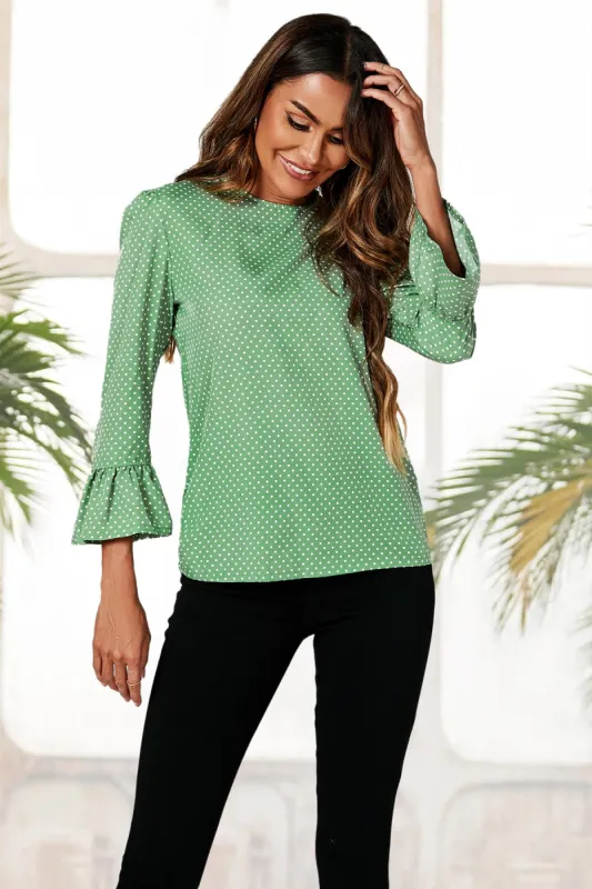 Polka Dot Print Frill Detail Cuff Top In Green by FS Collection sold by Goddiva