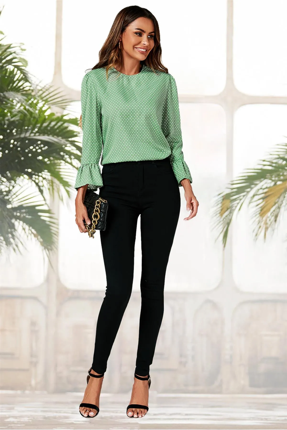 Polka Dot Print Frill Detail Cuff Top In Green by FS Collection sold by Goddiva product image thumbnail 3