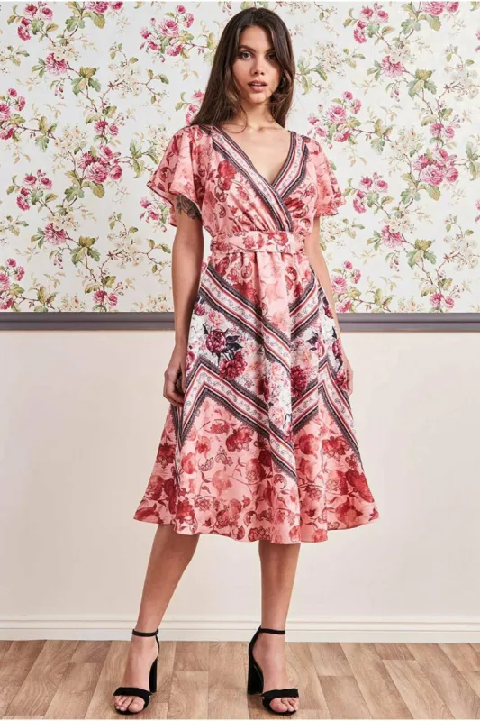 Flutter Sleeve Wrap Style Midi Dress - Peach by Goddiva sold by Goddiva