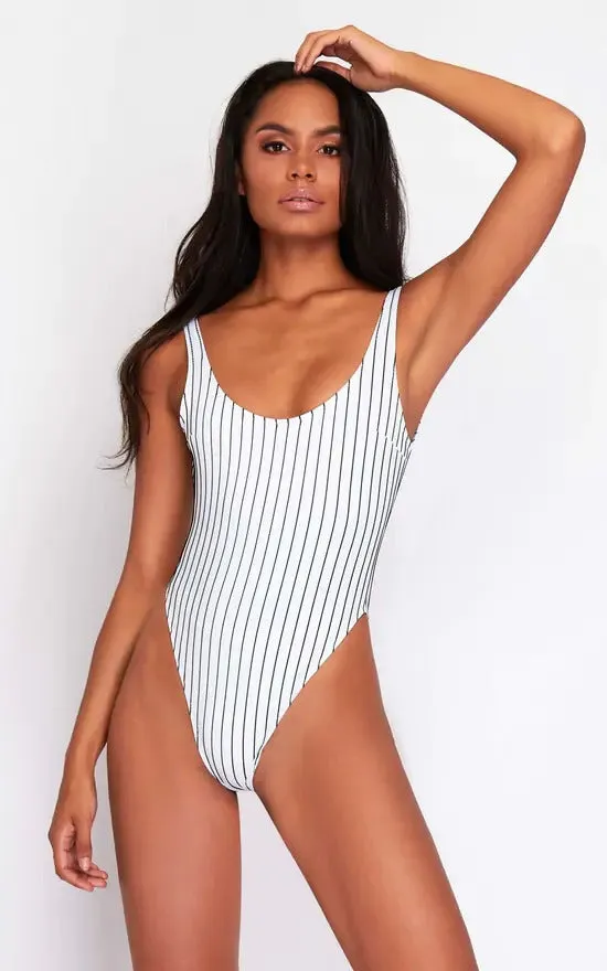 High Leg Swimsuit In Black & White Pinstripe by Maribela sold by Goddiva
