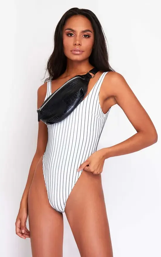 High Leg Swimsuit In Black & White Pinstripe by Maribela sold by Goddiva product image thumbnail 3
