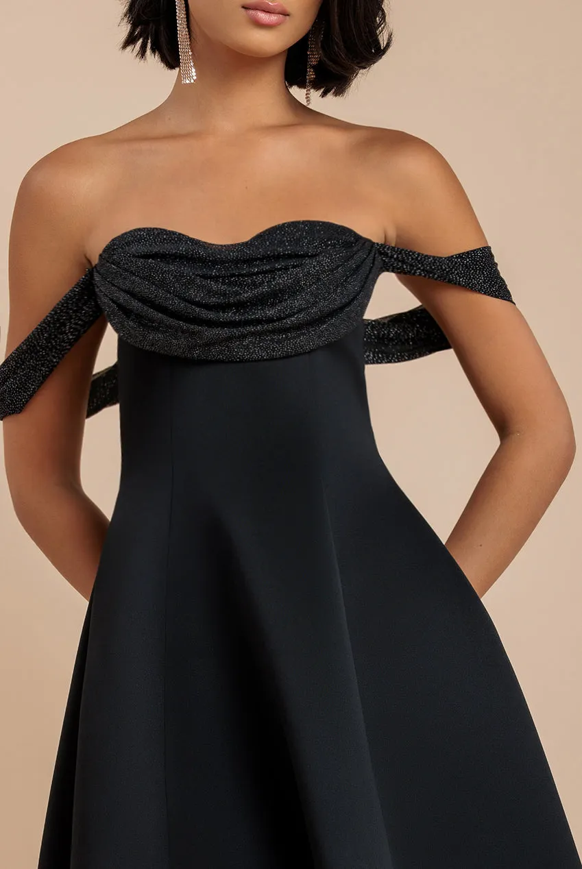 Sparkle Chiffon Cowl Bardot Skater Midi Dress - Black by Goddiva sold by Goddiva product image thumbnail 3