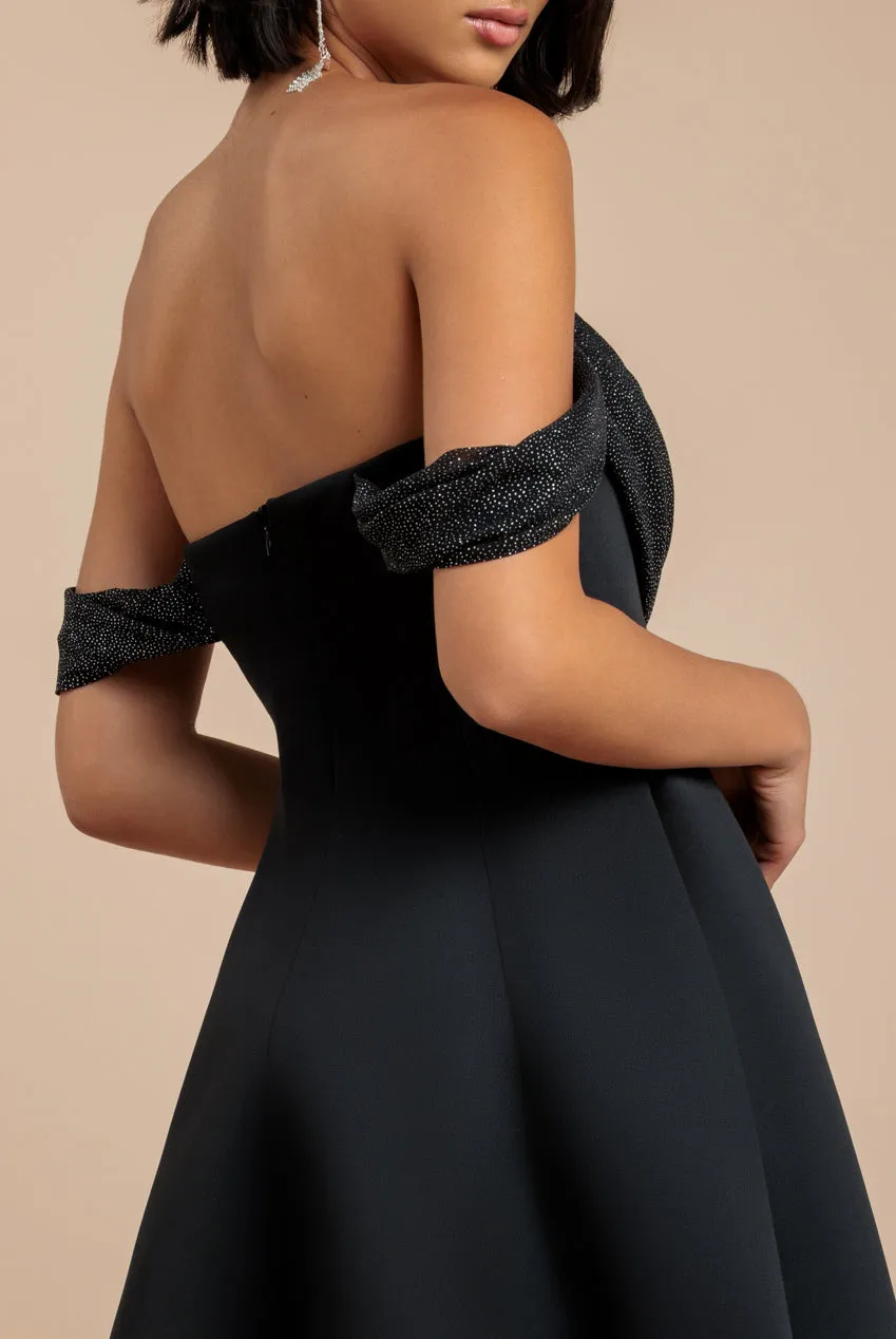 Sparkle Chiffon Cowl Bardot Skater Midi Dress - Black by Goddiva sold by Goddiva product image thumbnail 4
