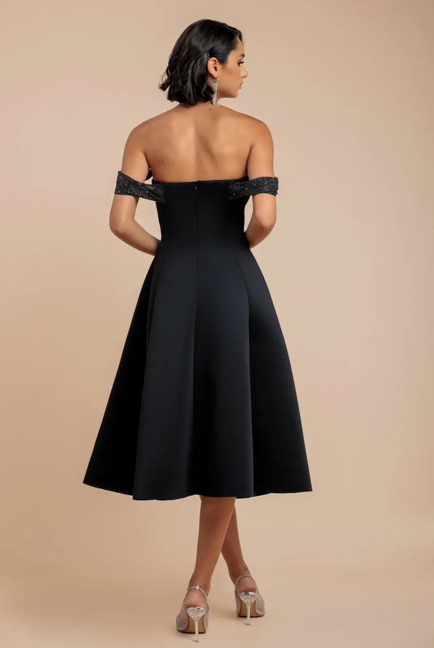 Sparkle Chiffon Cowl Bardot Skater Midi Dress - Black by Goddiva sold by Goddiva product image thumbnail 2