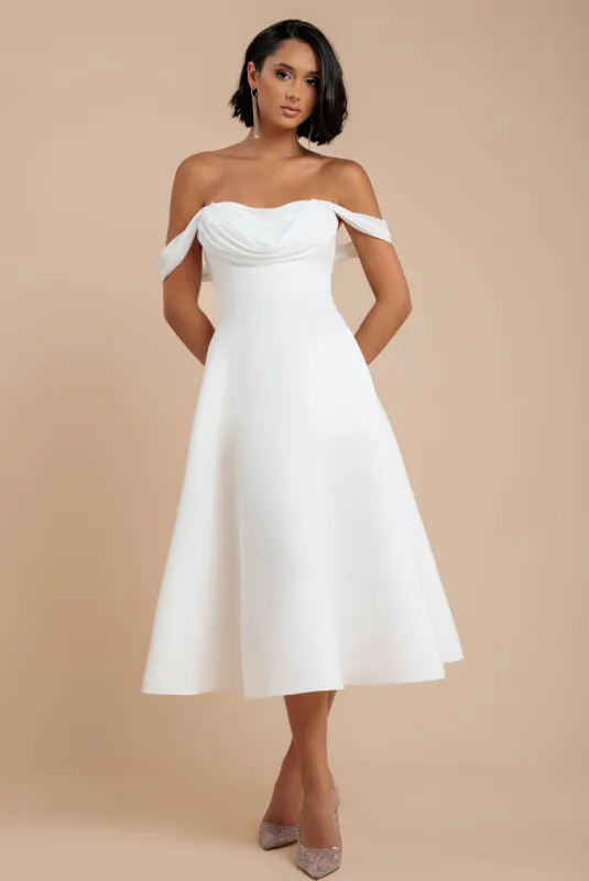 Sparkle Chiffon Cowl Bardot Skater Midi Dress - Cream by Goddiva sold by Goddiva