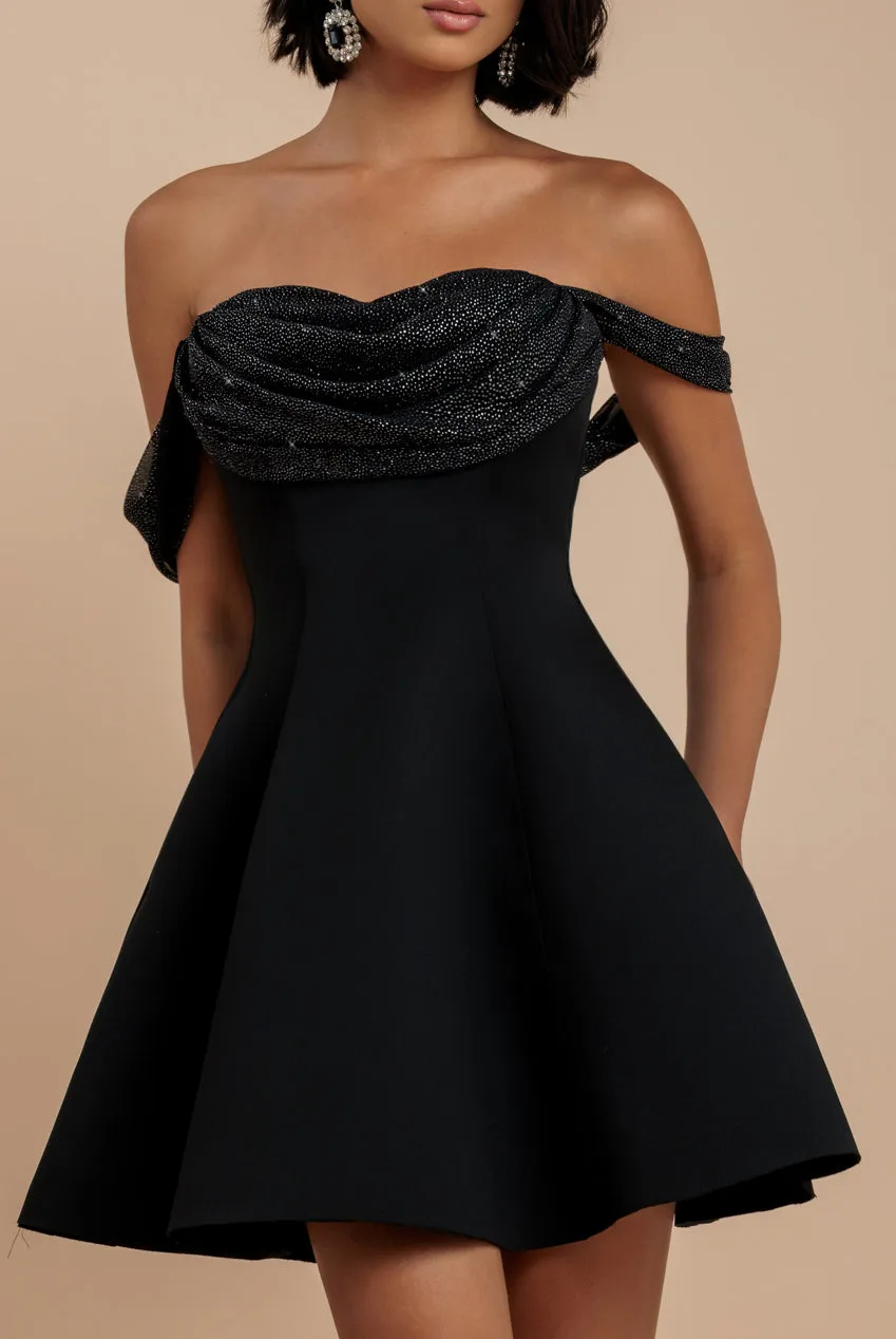 Sparkle Chiffon Cowl Bardot Skater Mini Dress - Black by Goddiva sold by Goddiva product image thumbnail 3