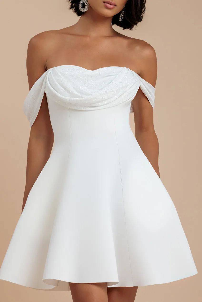 Sparkle Chiffon Cowl Bardot Skater Mini Dress - Cream by Goddiva sold by Goddiva product image thumbnail 3