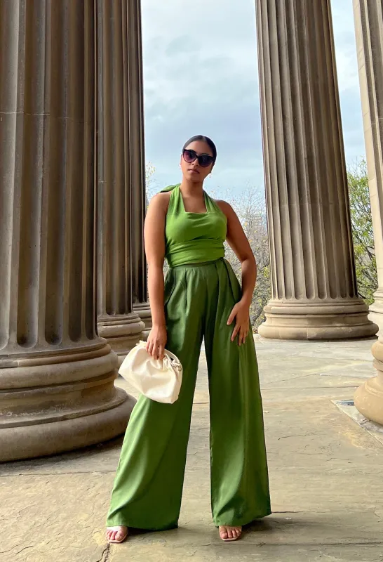 Olive Green Pleated Wide Leg Trouser by InFlair sold by Goddiva