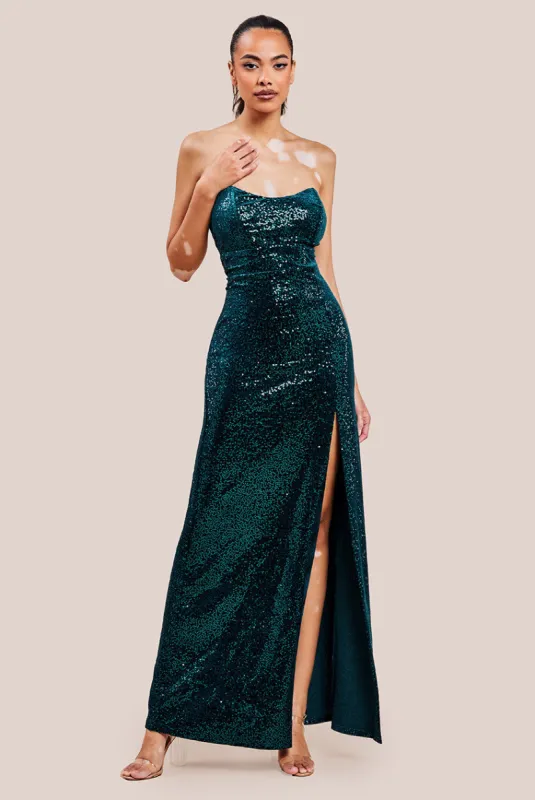 Sequin Velvet Bandeau Maxi Dress - Emerald Green by Goddiva sold by Goddiva