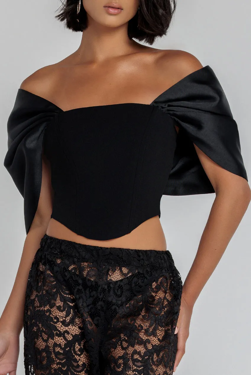 Off Shoulder Back Satin Bow Scuba Corset - Black by Goddiva sold by Goddiva product image thumbnail 3