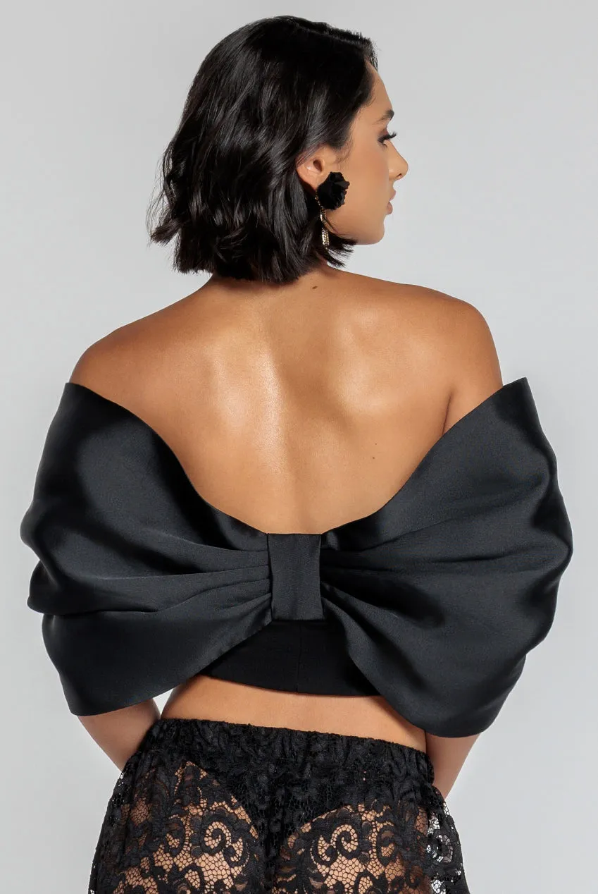 Off Shoulder Back Satin Bow Scuba Corset - Black by Goddiva sold by Goddiva