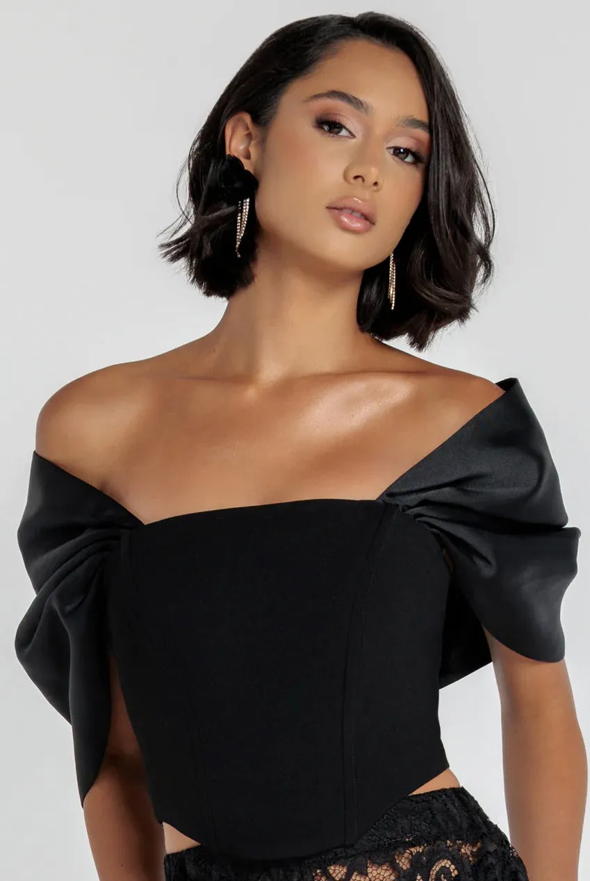 Off Shoulder Back Satin Bow Scuba Corset - Black by Goddiva sold by Goddiva product image thumbnail 2