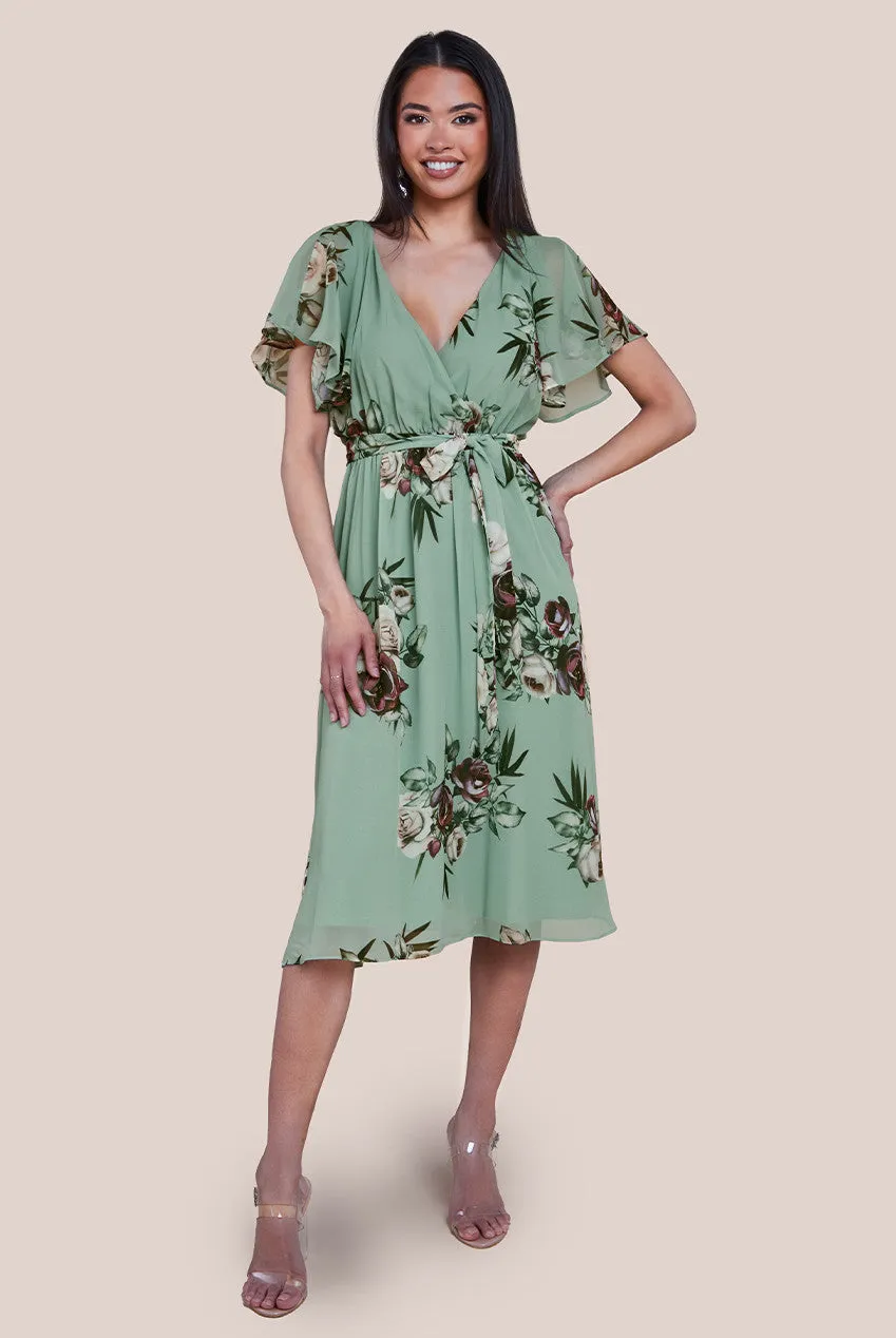 Goddiva Floral Printed Flutter Sleeve Chiffon Midi Dress - Sage Green sold by Goddiva