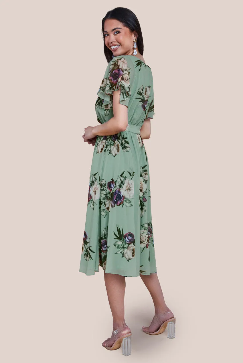 Goddiva Floral Printed Flutter Sleeve Chiffon Midi Dress - Sage Green sold by Goddiva product image thumbnail 2