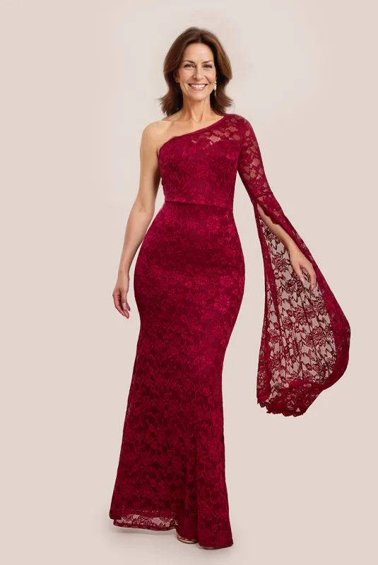 One Shoulder Scalloped Neck Maxi Dress - Wine by Goddiva sold by Goddiva