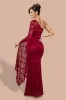 One Shoulder Scalloped Neck Maxi Dress - Wine by Goddiva sold by Goddiva