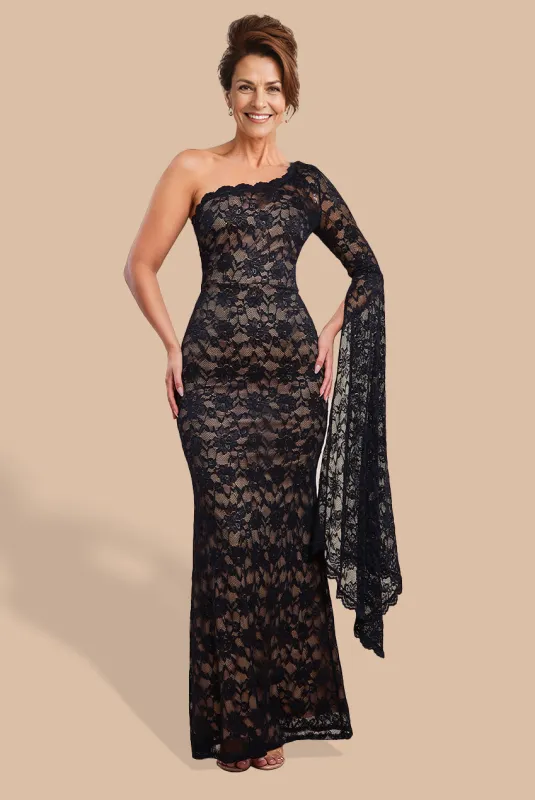 One Shoulder Scalloped Neck Maxi Dress - Black by Goddiva sold by Goddiva