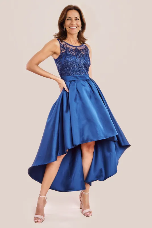 Sequin & Satin Dipped Hem Midi Dress - Navy Blue by Goddiva sold by Goddiva