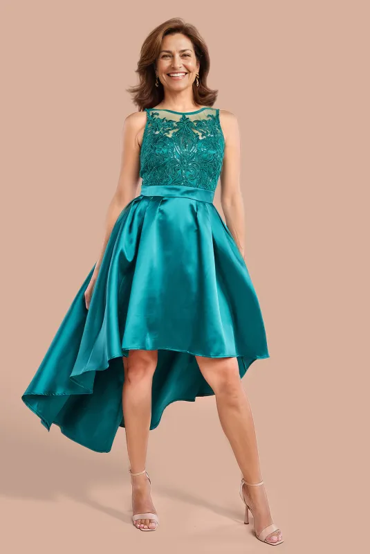 Sequin & Satin Dipped Hem Midi Dress - Emerald Green by Goddiva sold by Goddiva