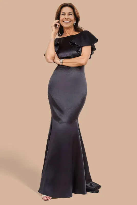 Satin Flutter Sleeve Mermaid Maxi - Black by Goddiva made by Goddiva