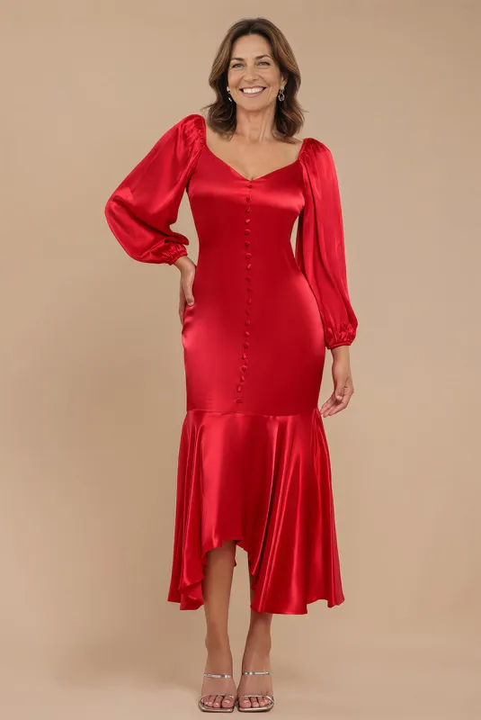 Satin Viscose Front Buttoned Dipped Hem Midaxi Dress - Red by Goddiva sold by Goddiva