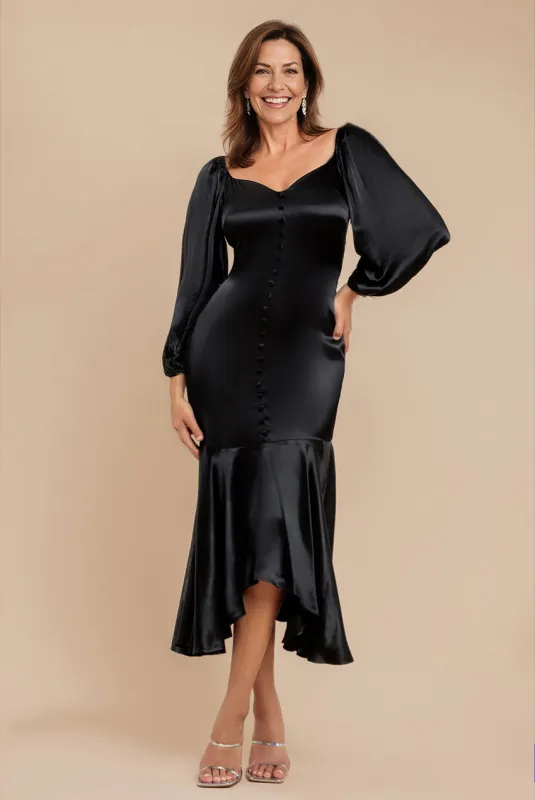 Satin Viscose Front Buttoned Dipped Hem Midaxi Dress - Black by Goddiva sold by Goddiva