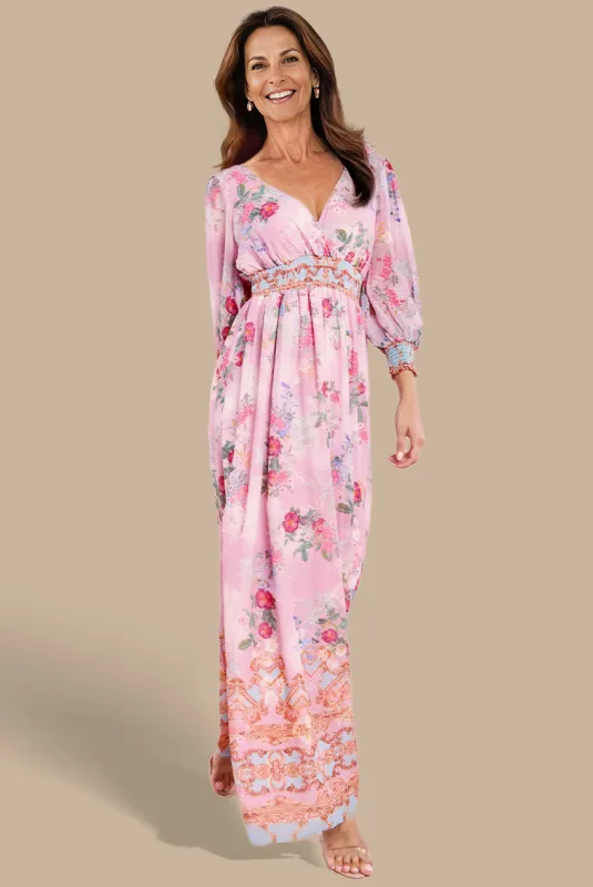 Chiffon Wrap Border Floral Print Maxi Dress - Pink by Goddiva sold by Goddiva