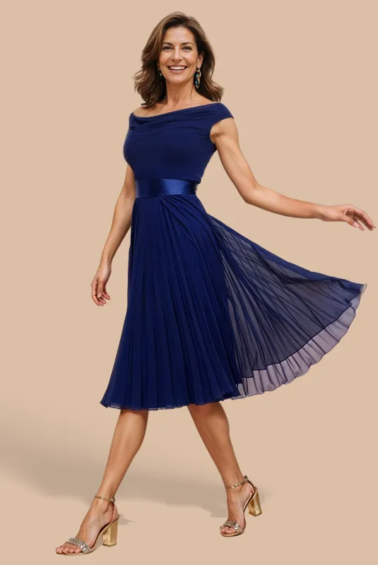 Cowl Neck Pleated A-Line Chiffon Midi Dress - Navy Blue by Goddiva sold by Goddiva