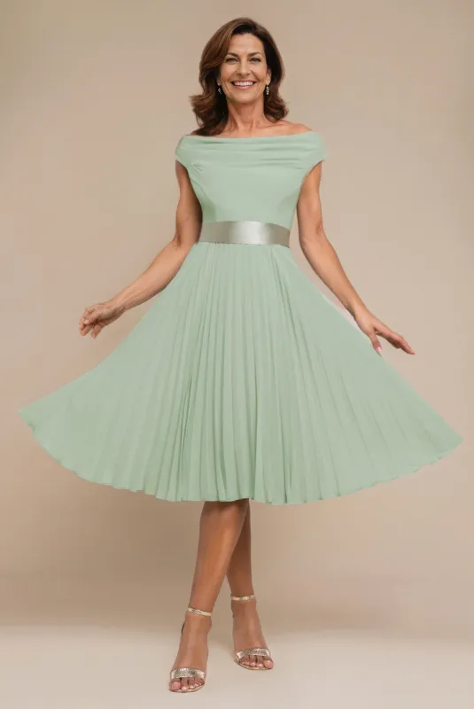 Cowl Neck Pleated A-Line Chiffon Midi Dress - Sage Green by Goddiva sold by Goddiva
