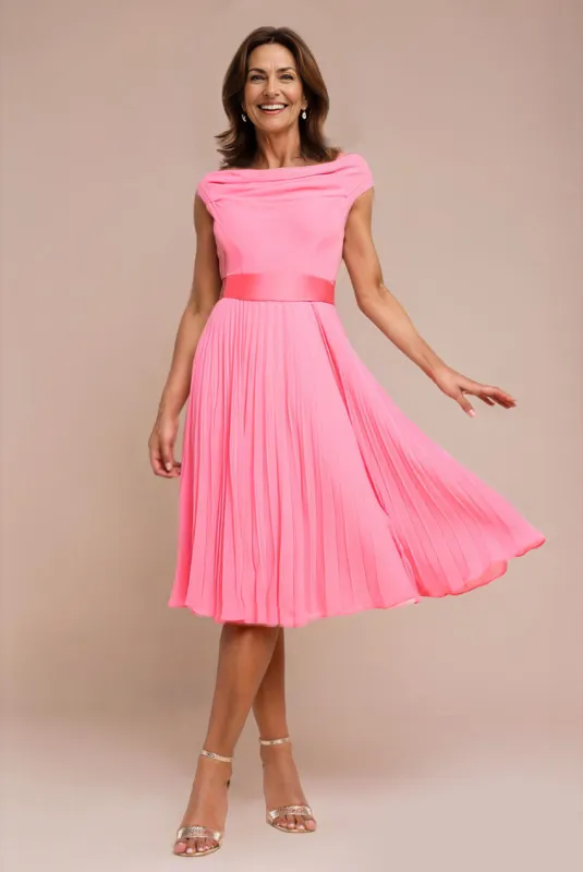 Cowl Neck Pleated A-Line Chiffon Midi Dress - Coral by Goddiva made by Goddiva
