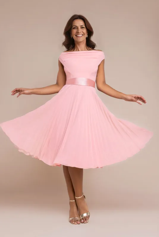 Cowl Neck Pleated A-Line Chiffon Midi Dress - Blush Pink by Goddiva sold by Goddiva