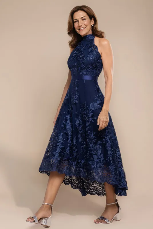 Halter Neck Lace High And Low Dress - Navy Blue by Goddiva sold by Goddiva