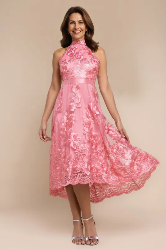 Halter Neck Lace High And Low Dress - Coral by Goddiva sold by Goddiva