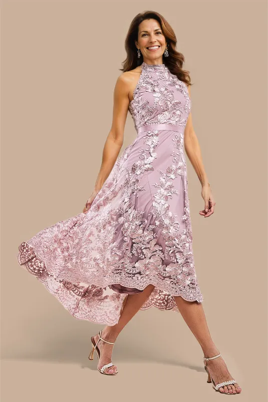 Halter Neck Lace High And Low Dress - Blush Pink by Goddiva sold by Goddiva