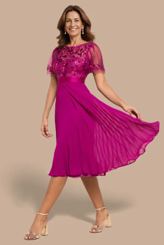Embroidered Top Chiffon Pleated Midi - Magenta by Goddiva sold by Goddiva