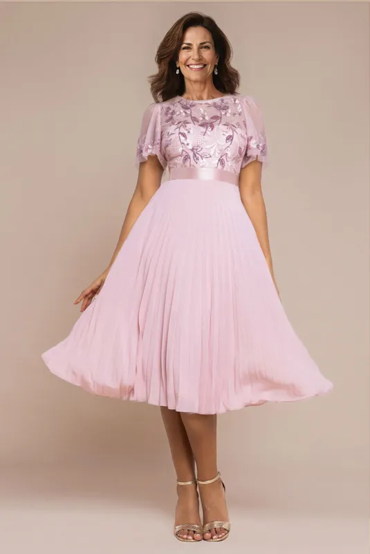 Embroidered Top Chiffon Pleated Midi - Blush Pink by Goddiva sold by Goddiva