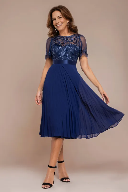 Embroidered Top Chiffon Pleated Midi - Navy Blue by Goddiva sold by Goddiva