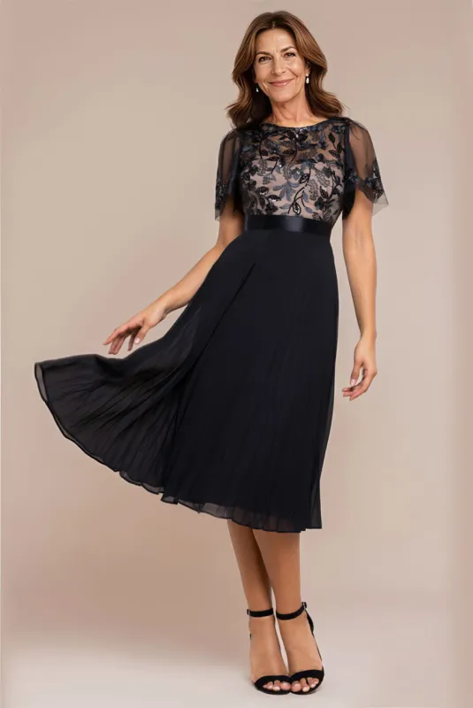 Embroidered Top Chiffon Pleated Midi - Black by Goddiva sold by Goddiva