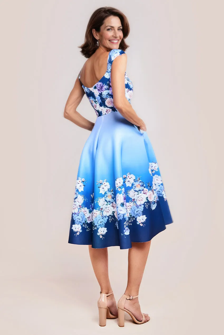 Floral Printed Scuba Foam Skater Dress - Blue by Goddiva sold by Goddiva product image thumbnail 2