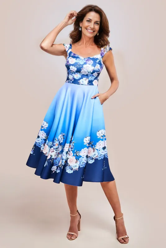Floral Printed Scuba Foam Skater Dress - Blue by Goddiva sold by Goddiva